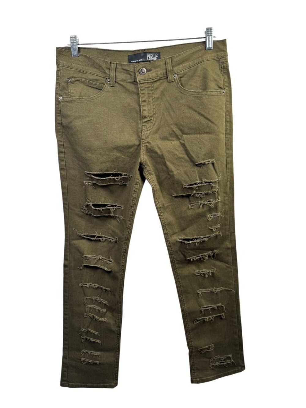 Rustic Dime Mens Taper Fit Jeans Size 34x30 Olive Green Distressed Made In USA